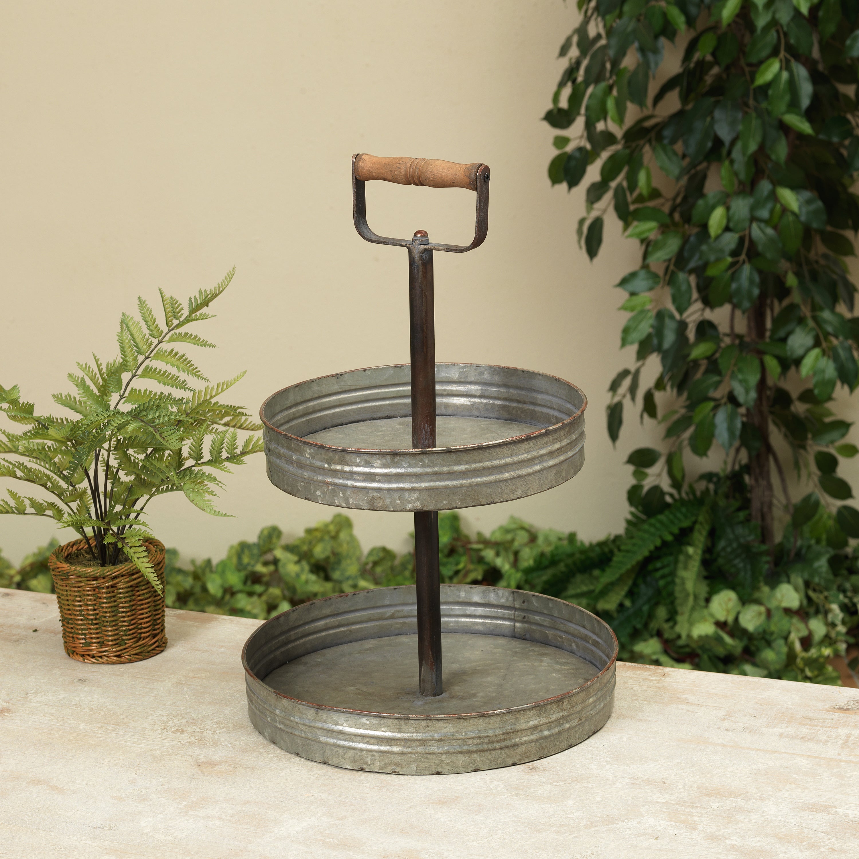 18 Inch 2 Tier Rustic Round Galvanized Metal Planter Tray